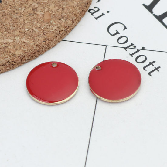 Image de Breloques Sequins Emaillés Double Face en Laiton Rond Doré Rouge 16mm Dia, 10 Pcs