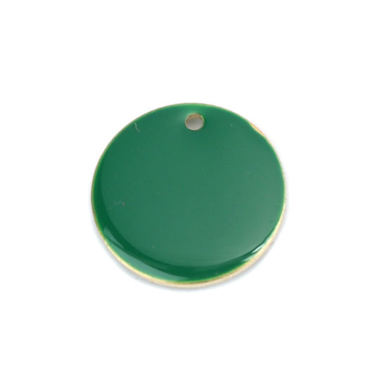 Image de Breloques Sequins Emaillés Double Face en Laiton Rond Doré Vert Foncé 16mm Dia, 10 Pcs