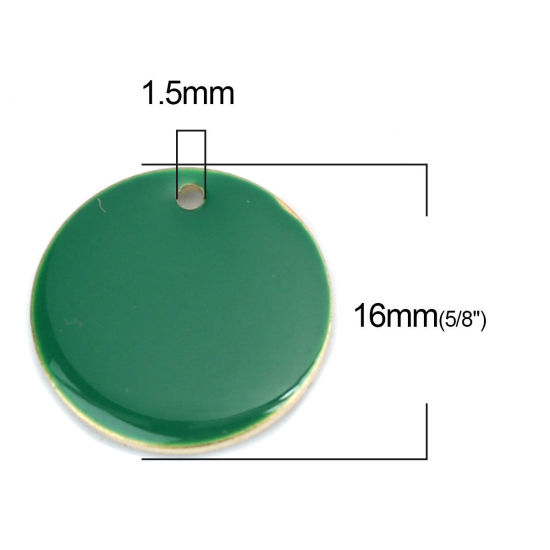 Image de Breloques Sequins Emaillés Double Face en Laiton Rond Doré Vert Foncé 16mm Dia, 10 Pcs