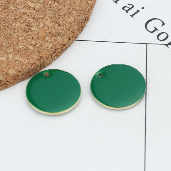 Image de Breloques Sequins Emaillés Double Face en Laiton Rond Doré Vert Foncé 16mm Dia, 10 Pcs