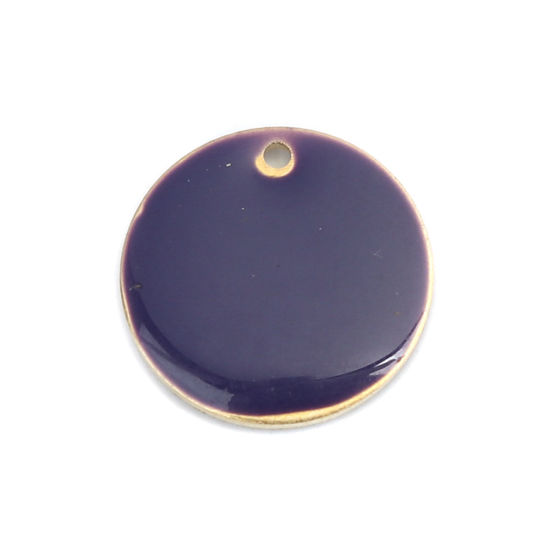 Bild von Messing Emaillierte Pailletten Charms Rund Vergoldet Violett 16mm D., 10 Stück