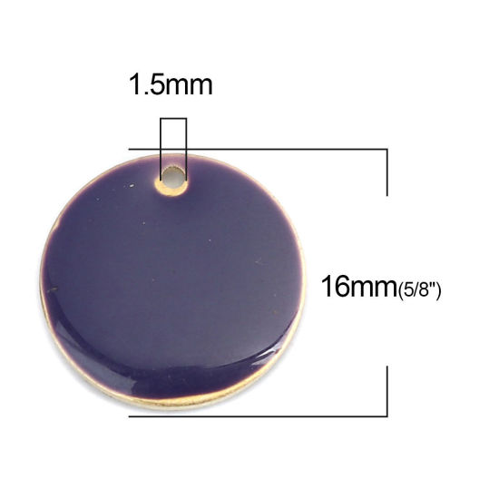 Image de Breloques Sequins Emaillés Double Face en Laiton Rond Doré Prune 16mm Dia, 10 Pcs