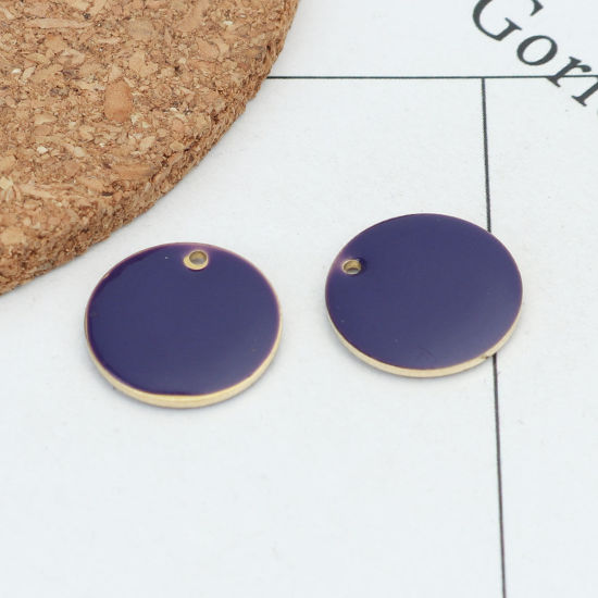 Bild von Messing Emaillierte Pailletten Charms Rund Vergoldet Violett 16mm D., 10 Stück