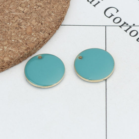 Image de Breloques Sequins Emaillés Double Face en Laiton Rond Doré Bleu Lac 16mm Dia, 10 Pcs