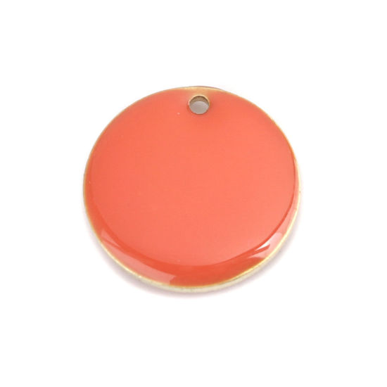 Bild von Messing Emaillierte Pailletten Charms Rund Vergoldet Orangerot 16mm D., 10 Stück