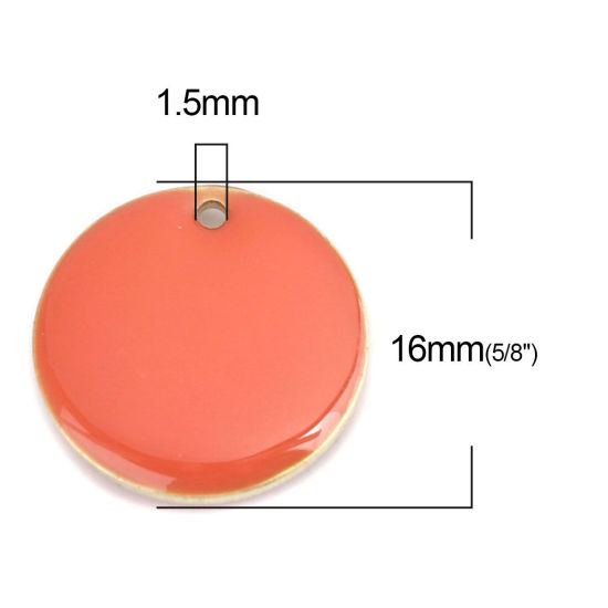 Bild von Messing Emaillierte Pailletten Charms Rund Vergoldet Orangerot 16mm D., 10 Stück