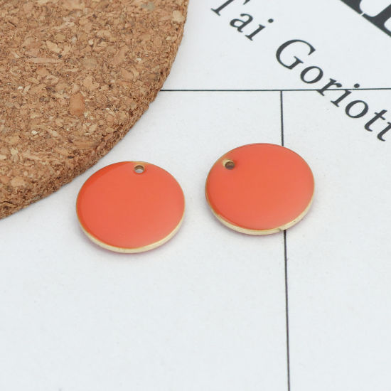 Bild von Messing Emaillierte Pailletten Charms Rund Vergoldet Orangerot 16mm D., 10 Stück