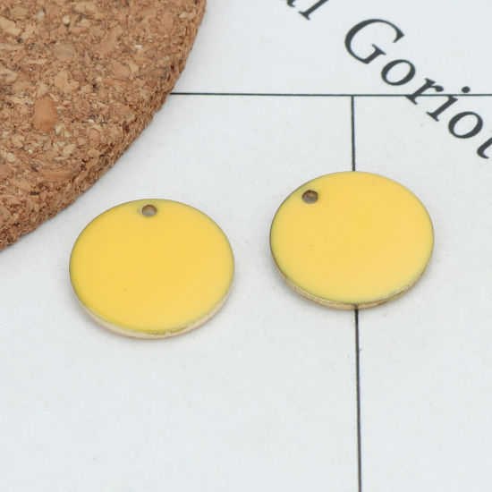 Image de Breloques Sequins Emaillés Double Face en Laiton Rond Doré Jaune Foncé 16mm Dia, 10 Pcs