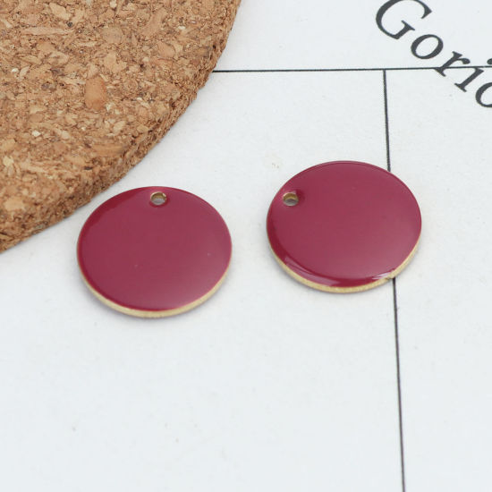 Image de Breloques Sequins Emaillés Double Face en Laiton Rond Doré Fuchsia 16mm Dia, 10 Pcs