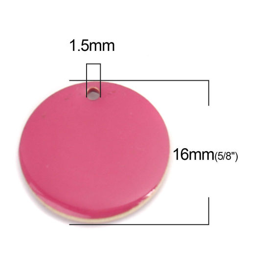 Image de Breloques Sequins Emaillés Double Face en Laiton Rond Doré Fuchsia 16mm Dia, 10 Pcs