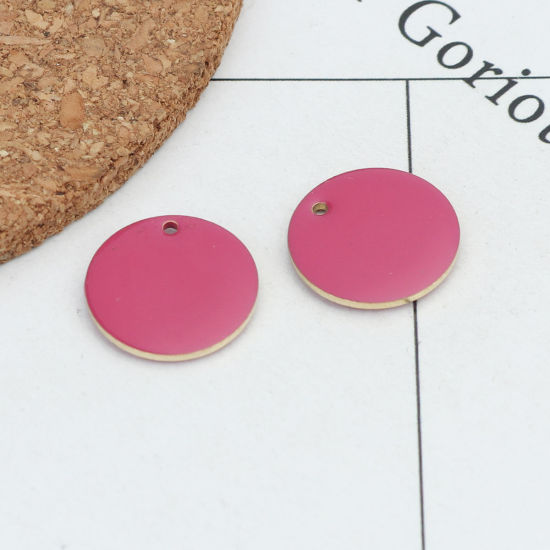 Image de Breloques Sequins Emaillés Double Face en Laiton Rond Doré Fuchsia 16mm Dia, 10 Pcs