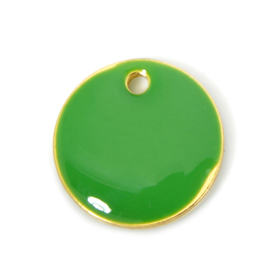 Picture of Brass Enamelled Sequins Charms Gold Plated Green Round Disc 12mm Dia., 10 PCs