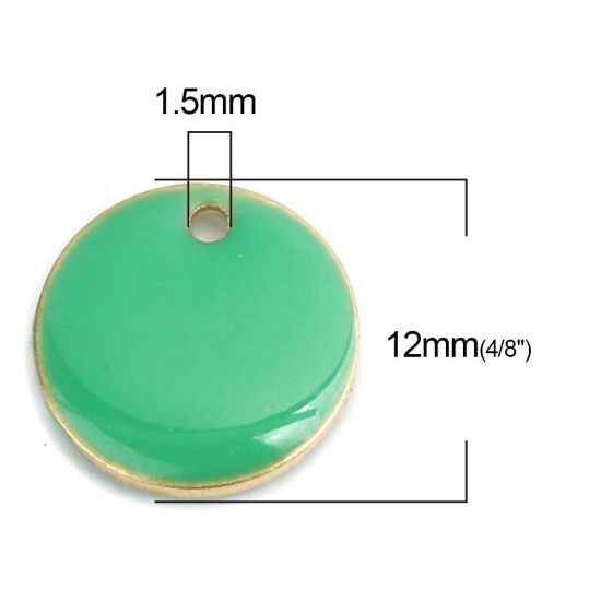 Picture of Brass Enamelled Sequins Charms Gold Plated Green Round Disc 12mm Dia., 10 PCs