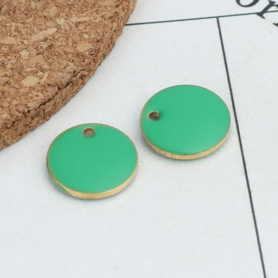 Picture of Brass Enamelled Sequins Charms Gold Plated Green Round Disc 12mm Dia., 10 PCs