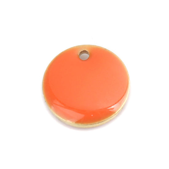 Picture of Brass Enamelled Sequins Charms Gold Plated Orange Round 12mm Dia., 10 PCs                                                                                                                                                                                     