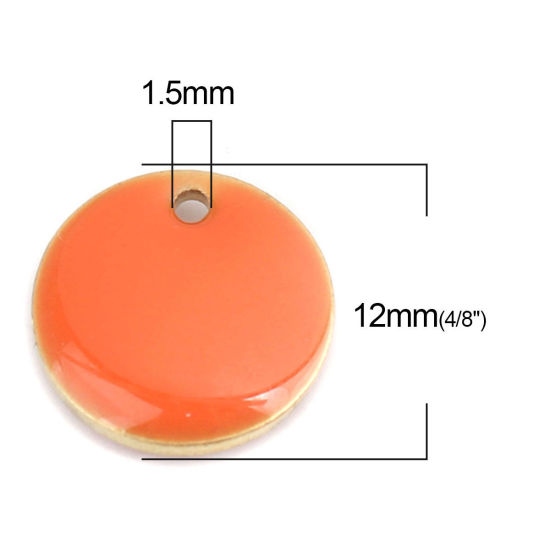 Picture of Brass Enamelled Sequins Charms Gold Plated Orange Round Disc 12mm Dia., 10 PCs