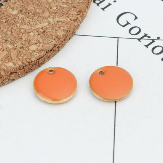 Picture of Brass Enamelled Sequins Charms Gold Plated Orange Round Disc 12mm Dia., 10 PCs