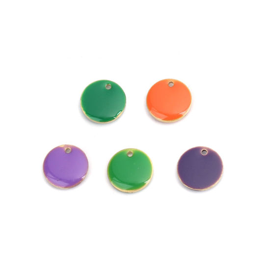 Picture of Brass Enamelled Sequins Charms Gold Plated Orange Round Disc 12mm Dia., 10 PCs