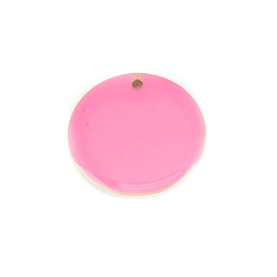 Picture of Brass Enamelled Sequins Charms Gold Plated Neon Pink Round Disc 20mm Dia., 5 PCs