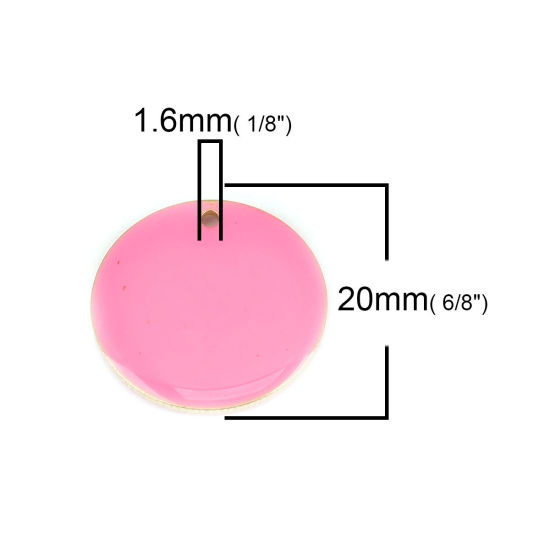 Picture of Brass Enamelled Sequins Charms Gold Plated Neon Pink Round Disc 20mm Dia., 5 PCs