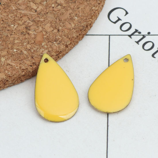 Image de Breloques Sequins Emaillés Double Face en Laiton Goutte d'Eau Doré Jaune Foncé 21mm x 13mm, 10 Pcs