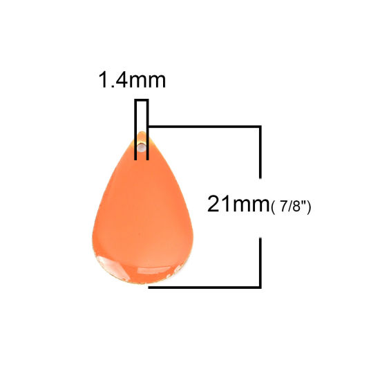 Изображение Латунь Эмалированные Блестки Подвески Позолоченный Оранжево-красный водяная капля 21мм x 13мм, 10 ШТ