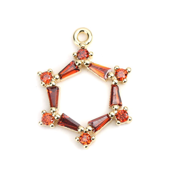 Image de Breloques en Laiton Fleur Doré Creux à Strass Rouge 19mm x 15mm, 2 Pcs