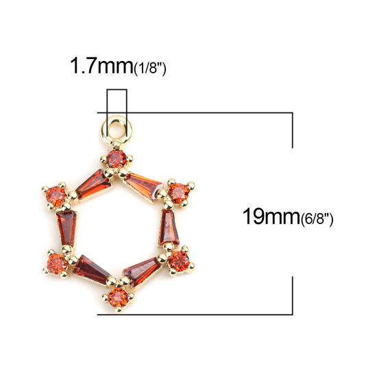 Image de Breloques en Laiton Fleur Doré Creux à Strass Rouge 19mm x 15mm, 2 Pcs