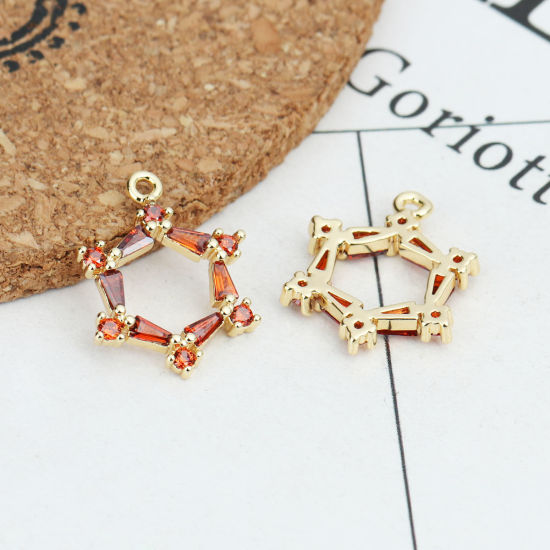 Image de Breloques en Laiton Fleur Doré Creux à Strass Rouge 19mm x 15mm, 2 Pcs