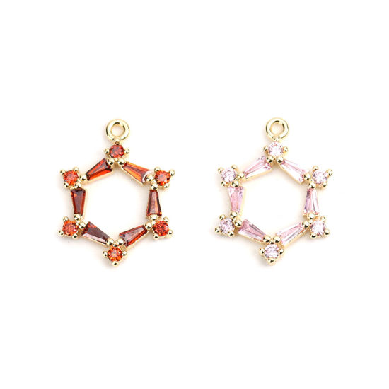 Image de Breloques en Laiton Fleur Doré Creux à Strass Rouge 19mm x 15mm, 2 Pcs