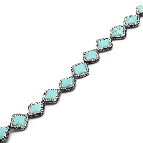 Picture of Synthetic Turquoise Gemstone Micro Pave Beads Blue Black & Clear Rhinestone Rhombus Handmade About 16mm x 16mm, Hole: Approx 1.2mm, 1 Piece