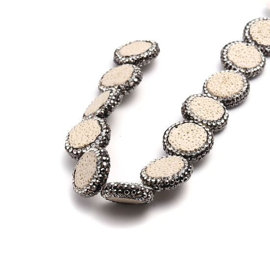 Bild von Lavagestein （ Natur ） Micro Pave Perlen Rund Grauweiß Handgefertigt Schwarz & Transparent Strass ca. 20mm D., Loch:ca. 1mm, 1 Stück