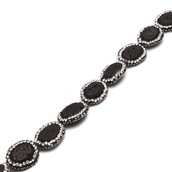Picture of Lava Rock ( Natural ) Gemstone Micro Pave Beads Round Black Handmade Black & Clear Rhinestone About 18x16mm - 18x15mm, Hole: Approx 1mm, 1 Piece