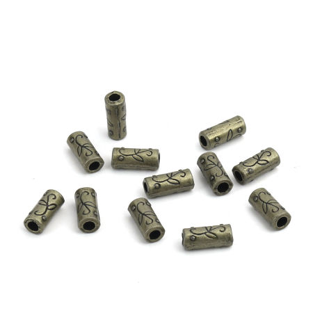 Zamak Cuentas Cilíndrico Tono Bronce Tallado Aprox 12mm x 5mm, Agujero: Aprox 2.9mm, 100 Unidades