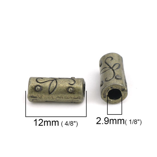 Immagine di Lega di Zinco Perline Cilindrico Bronzo Antico Intagliato Scolpisce Circa 12mm x 5mm, Foro:Circa 2.9mm, 100 Pz