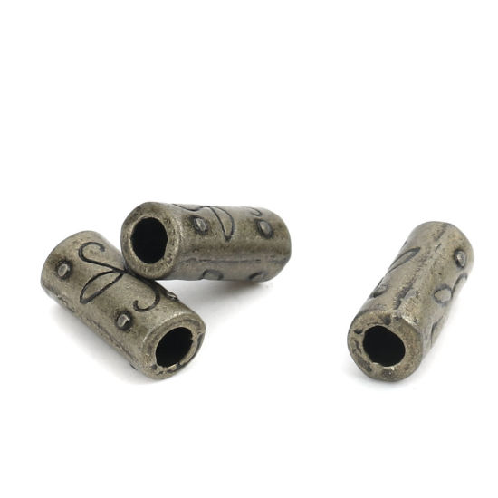 Immagine di Lega di Zinco Perline Cilindrico Bronzo Antico Intagliato Scolpisce Circa 12mm x 5mm, Foro:Circa 2.9mm, 100 Pz