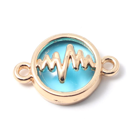 Picture of Zinc Based Alloy Connectors Round Gold Plated Blue Heartbeat/ Electrocardiogram 20mm x 13mm, 10 PCs