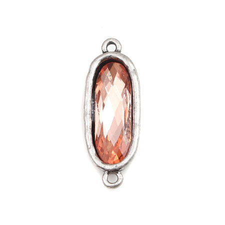 Image de Connecteurs en Alliage de Zinc Ovale Argent Vieilli Rempli A Facettes à Strass Orange Clair 3.9cm x 1.4cm, 5 Pcs