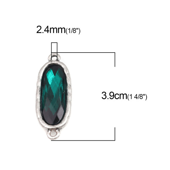 Picture of Zinc Based Alloy Connectors Oval Antique Silver Filled Faceted Peacock Green Rhinestone 3.9cm x 1.4cm, 5 PCs