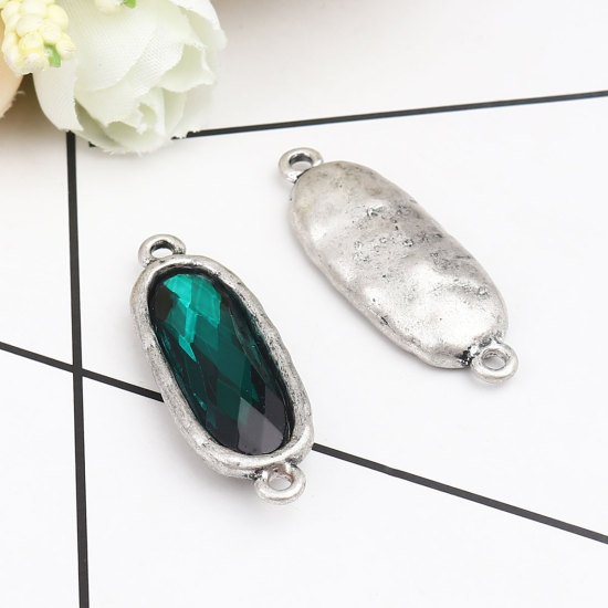 Picture of Zinc Based Alloy Connectors Oval Antique Silver Filled Faceted Peacock Green Rhinestone 3.9cm x 1.4cm, 5 PCs