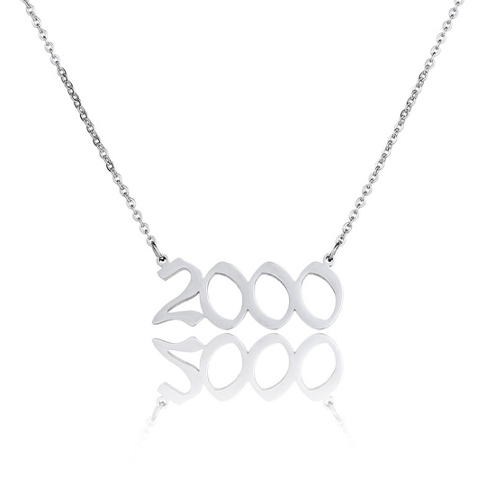 Picture of Stainless Steel Year Necklace Silver Tone Number Message " 2000 " Hollow 45cm(17 6/8") long, 1 Piece
