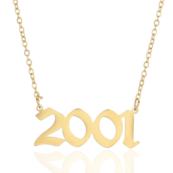 Picture of Stainless Steel Year Necklace Gold Plated Number Message " 2001 " Hollow 45cm(17 6/8") long, 1 Piece