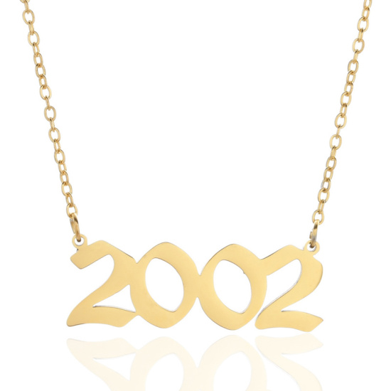Picture of Stainless Steel Year Necklace Gold Plated Number Message " 2002 " Hollow 45cm(17 6/8") long, 1 Piece