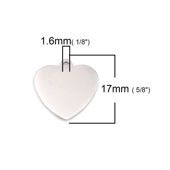 Picture of 1 Piece Stainless Steel Blank Stamping Tags Charms Heart Silver Tone Double-sided Polishing 17mm x 17mm