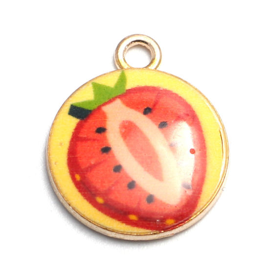 Picture of Zinc Based Alloy Charms Round Gold Plated Multicolor Strawberry Enamel 19mm x 15mm, 10 PCs