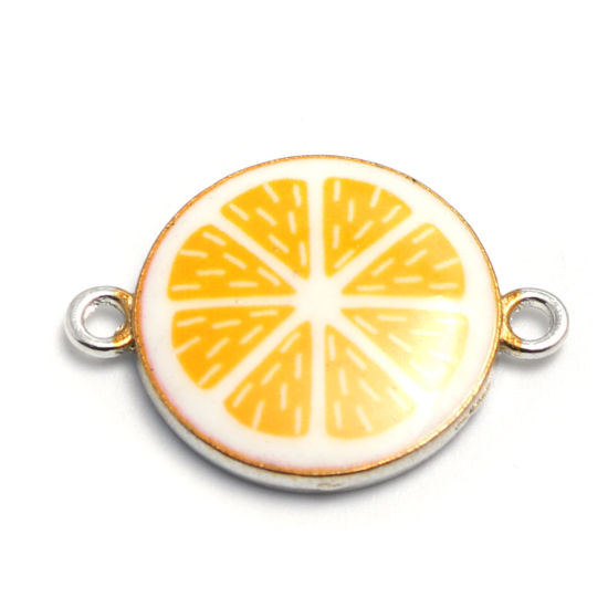 Image de Connecteurs en Alliage de Zinc Rond Orange Argent Mat Pièces de Citron Émail 25mm x 18mm, 10 Pcs