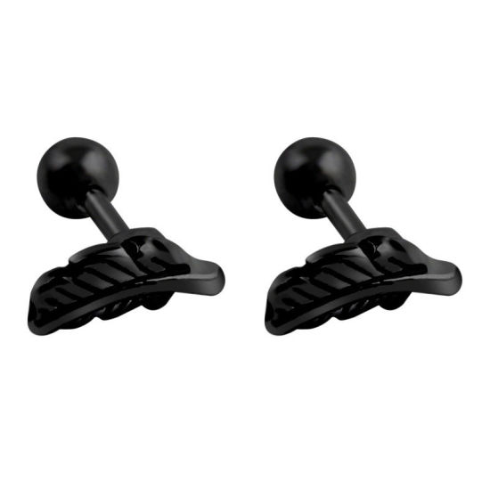 Picture of Stainless Steel Ear Post Stud Earrings Black Feather Can Open 18mm Dia., Post/ Wire Size: (17 gauge), 1 Piece