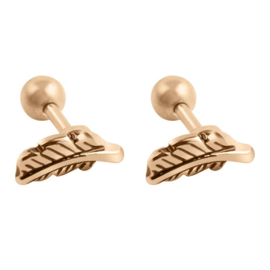 Picture of Stainless Steel Ear Post Stud Earrings Gold Tone Antique Gold Feather Can Open 18mm Dia., Post/ Wire Size: (17 gauge), 1 Piece