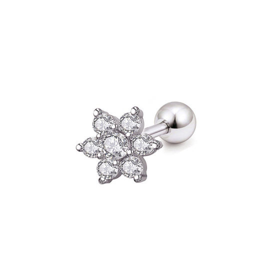Picture of Stainless Steel Ear Post Stud Earrings Silver Tone Flower Can Open 11mm x 11mm, Post/ Wire Size: (17 gauge), 1 Piece