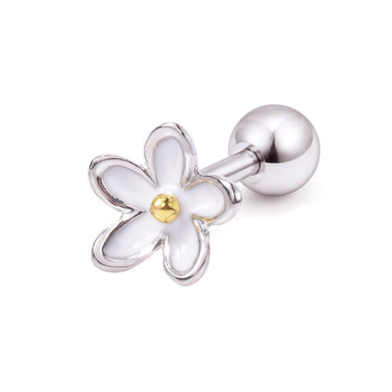 Picture of Stainless Steel Ear Post Stud Earrings Gold Plated & Silver Tone White Flower Can Open 9mm x 9mm, Post/ Wire Size: (17 gauge), 1 Piece